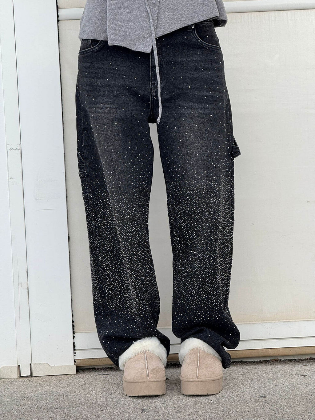 Women's Statement Rhinestone Embellished Wide-Leg Denim Jeans