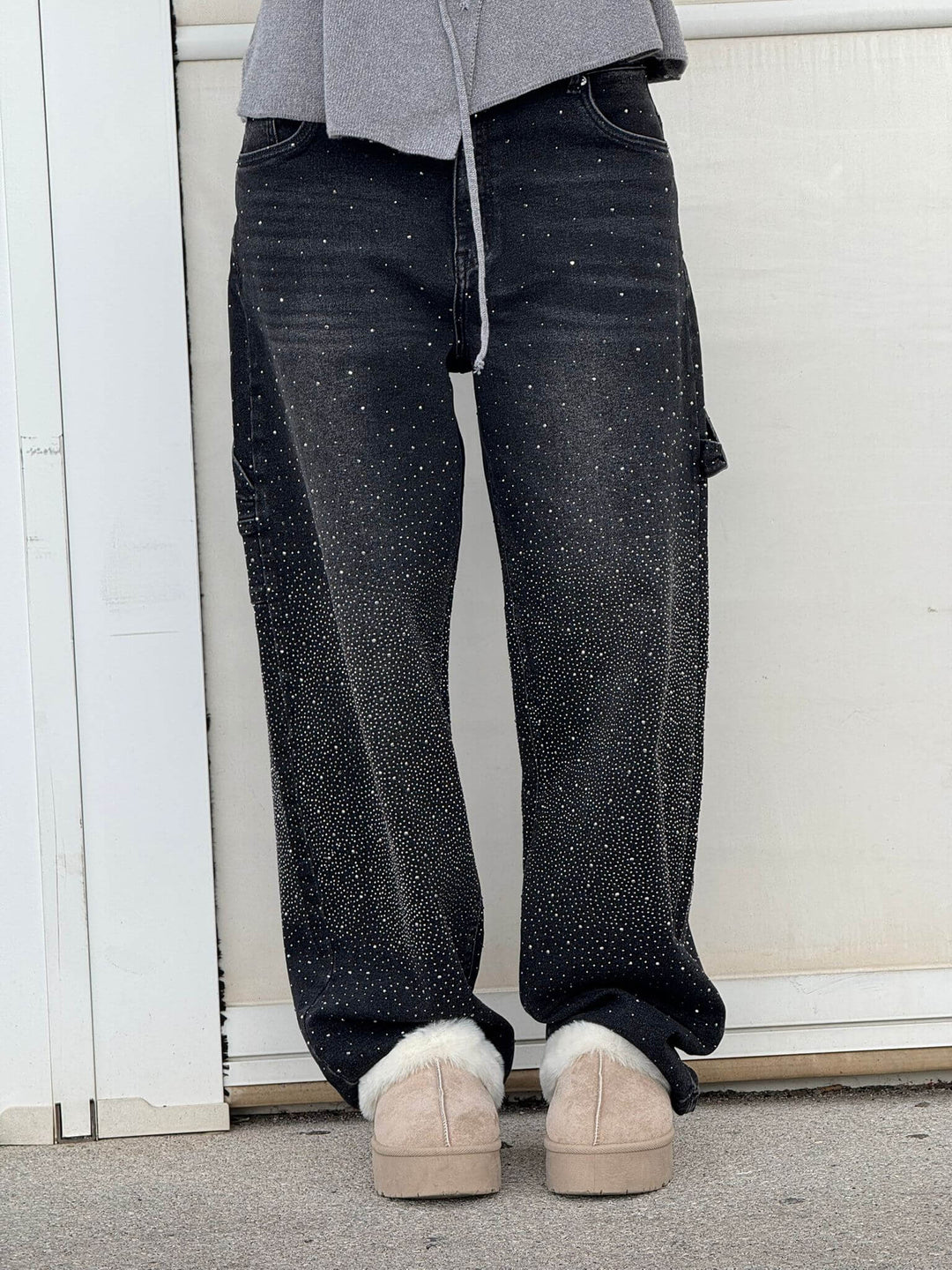Women's Statement Rhinestone Embellished Wide-Leg Denim Jeans