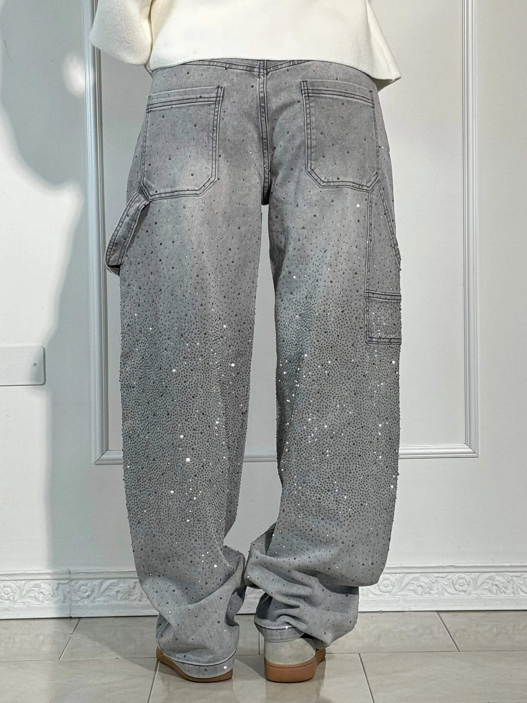 Women's Statement Rhinestone Embellished Wide-Leg Denim Jeans