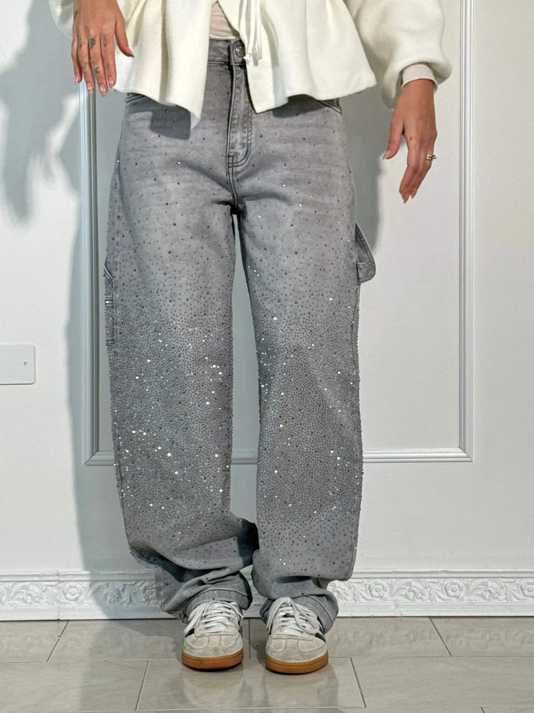 Women's Statement Rhinestone Embellished Wide-Leg Denim Jeans