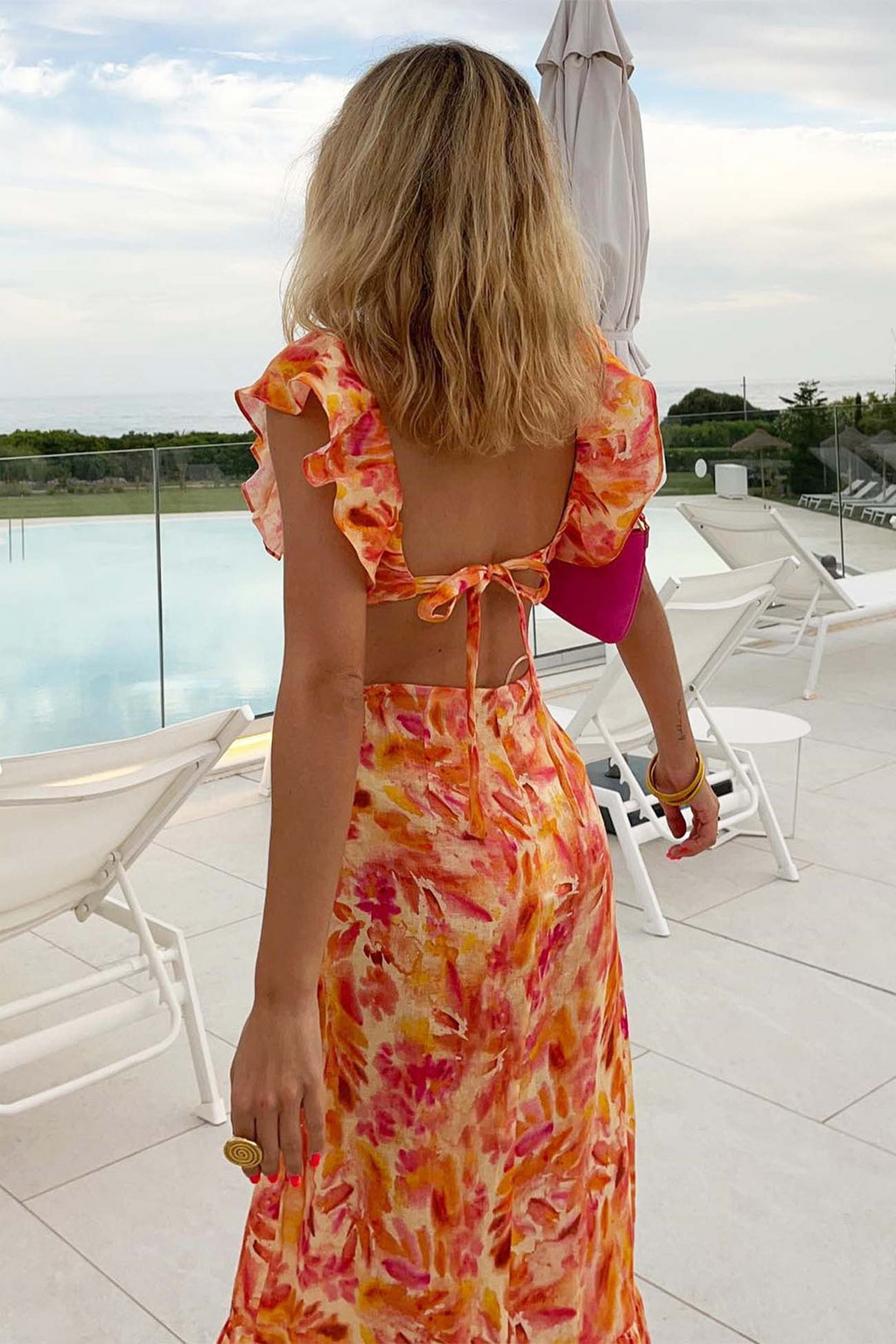 Women's Ruffled Deep V-Neck Floral Cutout Maxi Dress