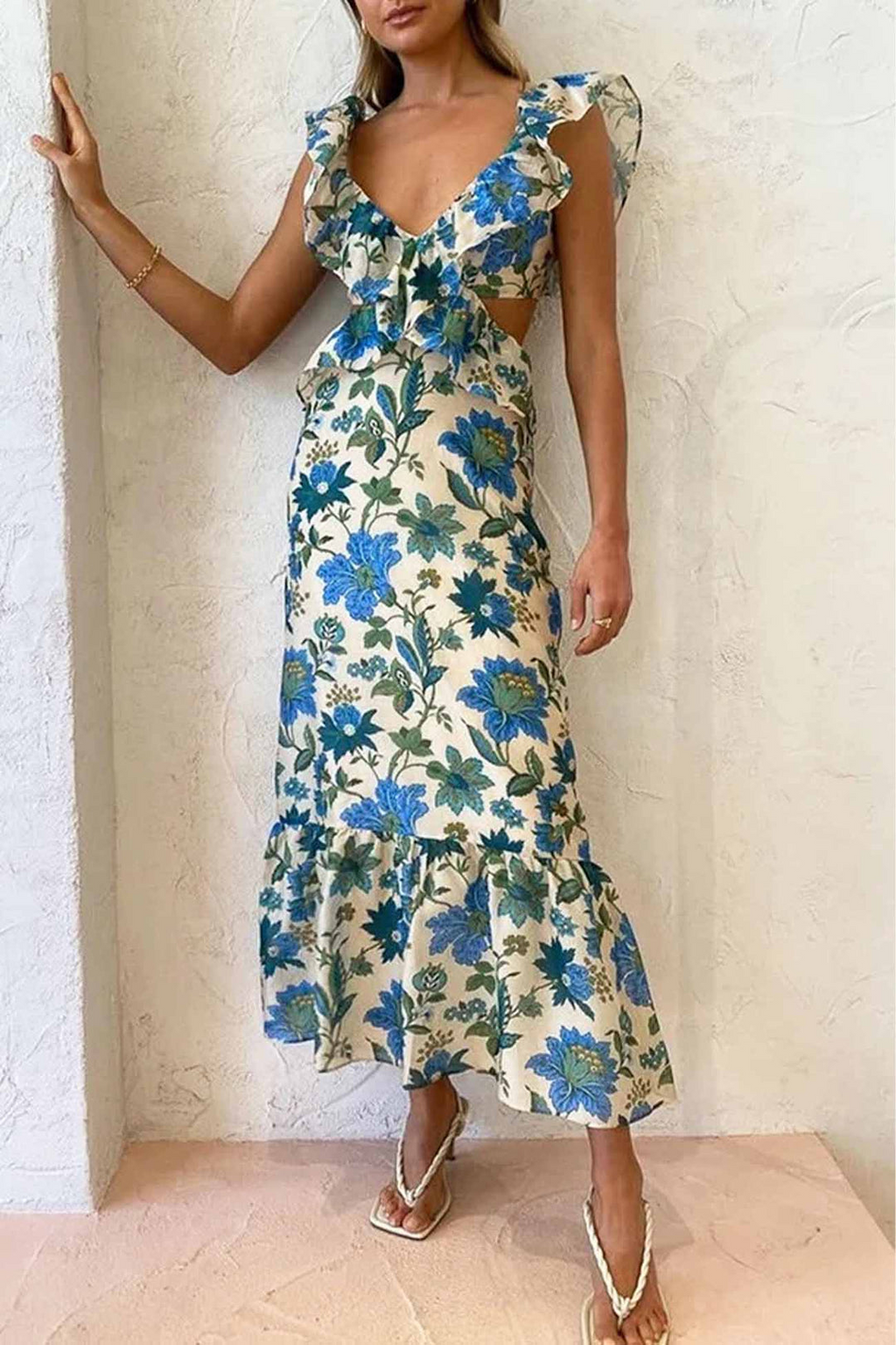 Women's Ruffled Deep V-Neck Floral Cutout Maxi Dress