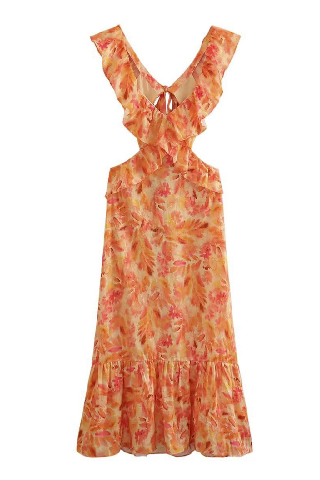 Women's Ruffled Deep V-Neck Floral Cutout Maxi Dress