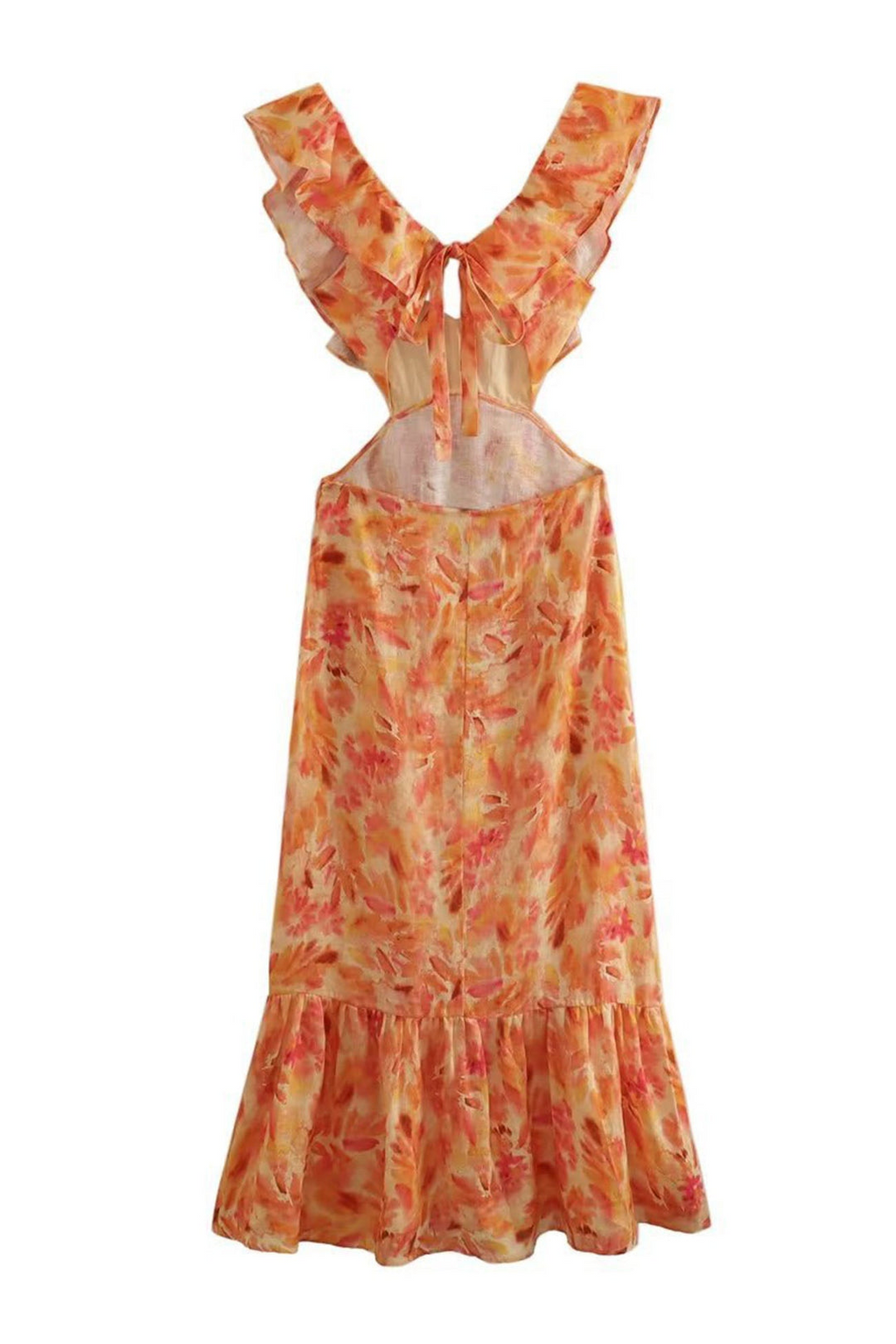 Women's Ruffled Deep V-Neck Floral Cutout Maxi Dress