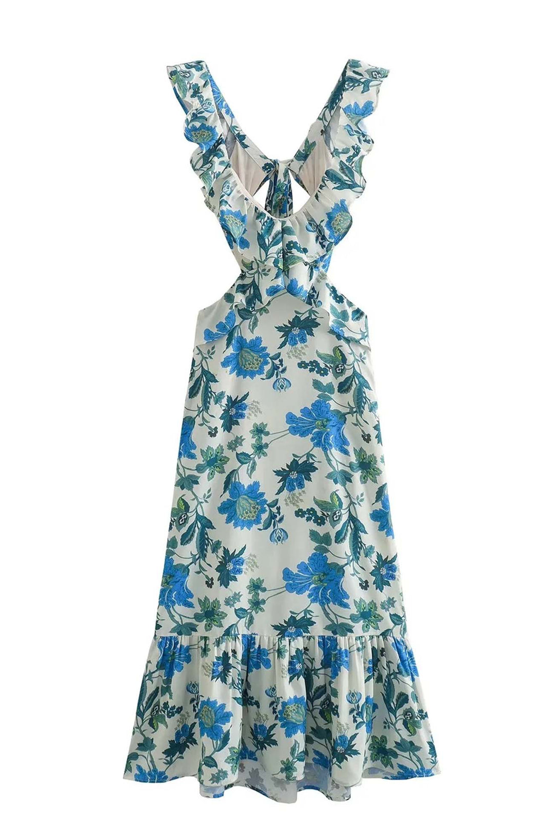 Women's Ruffled Deep V-Neck Floral Cutout Maxi Dress