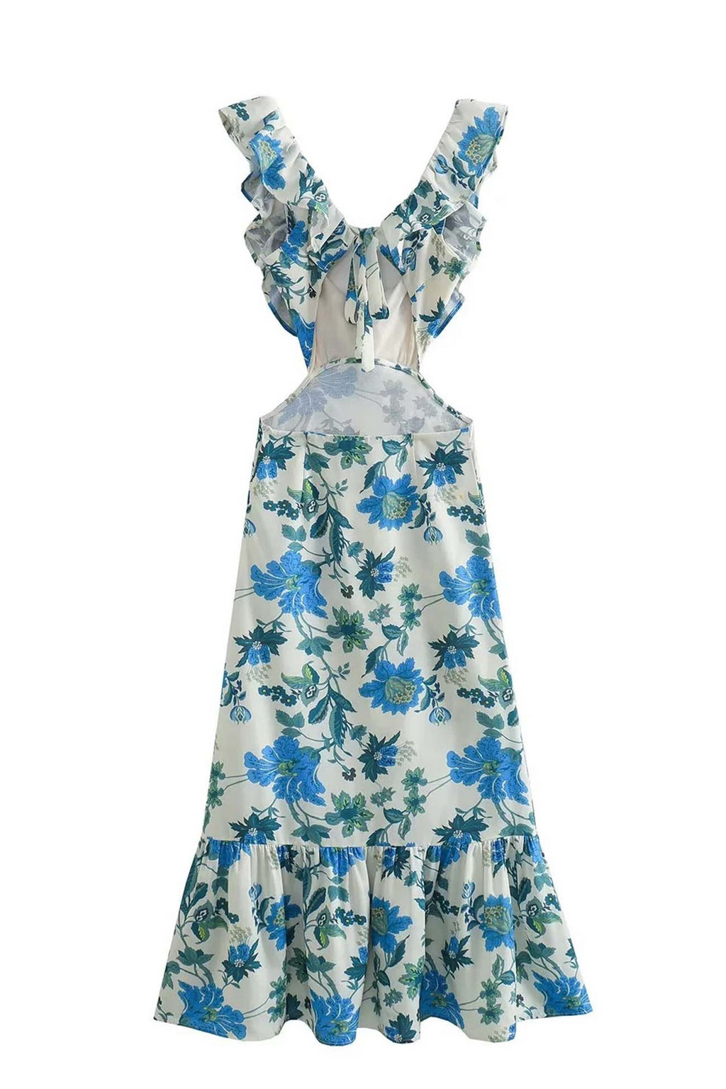 Women's Ruffled Deep V-Neck Floral Cutout Maxi Dress