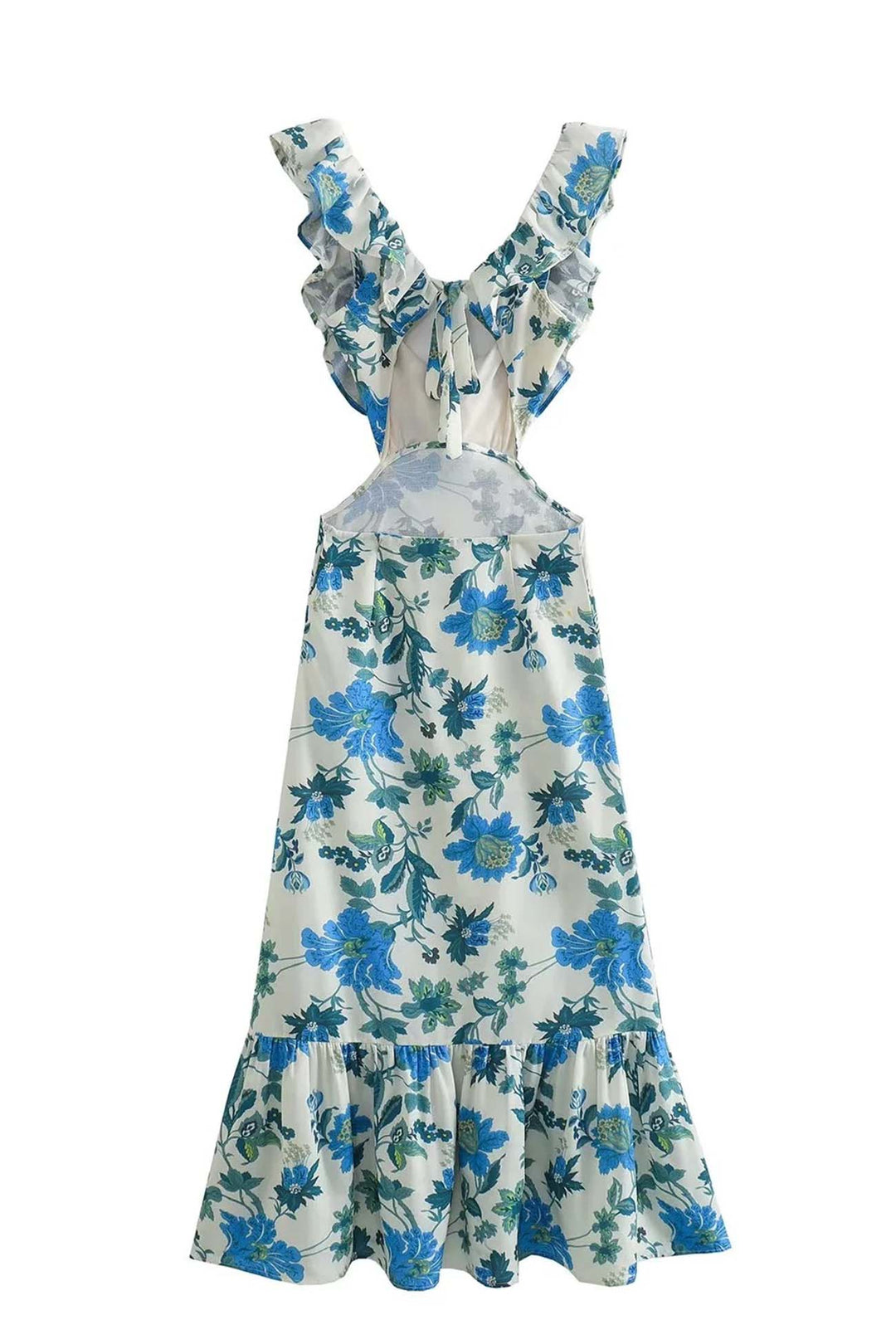 Women's Ruffled Deep V-Neck Floral Cutout Maxi Dress