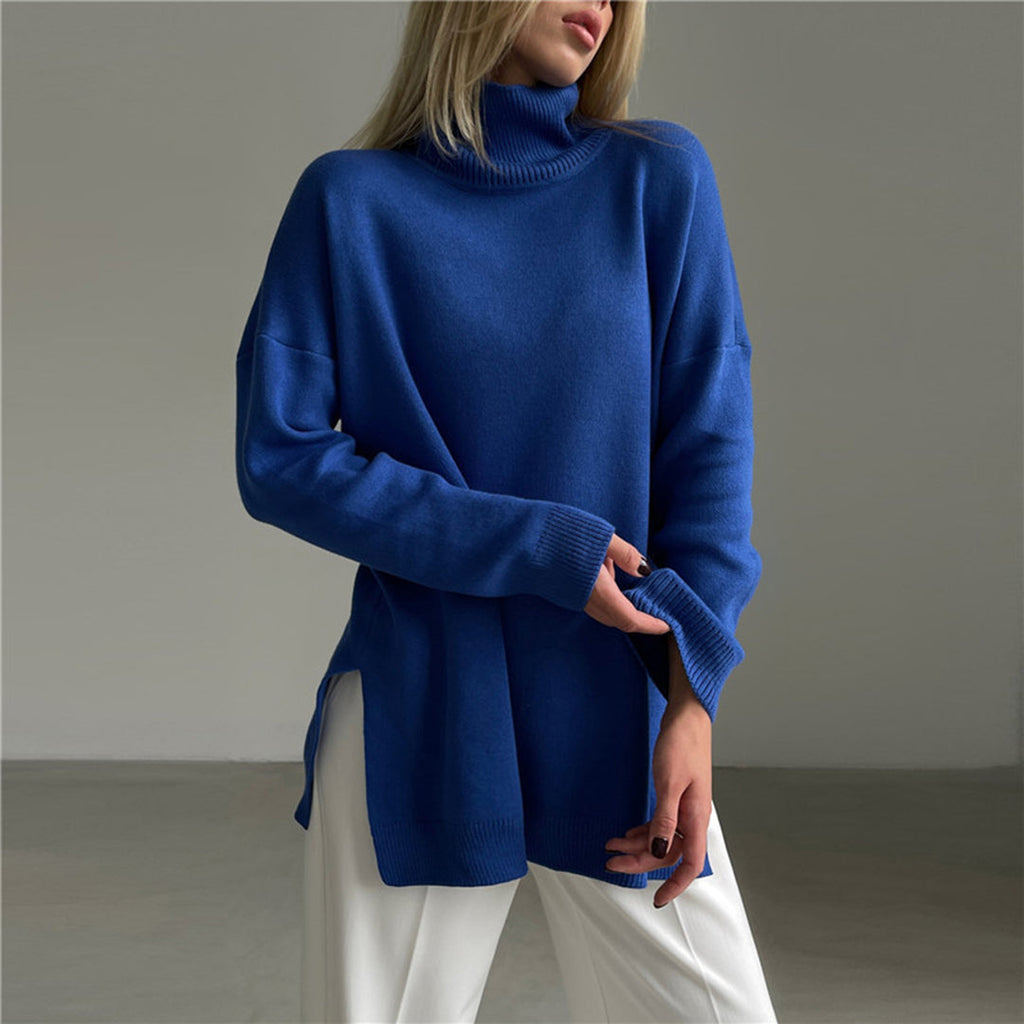 Women's Turtleneck Knit Pullover with Side Slits