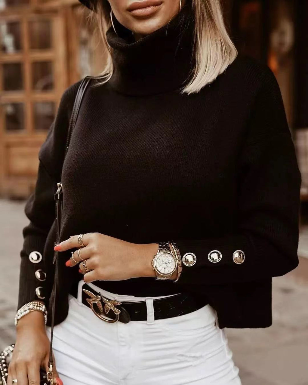 Women's Ribbed Turtleneck Pullover with Buttoned Sleeve Detail