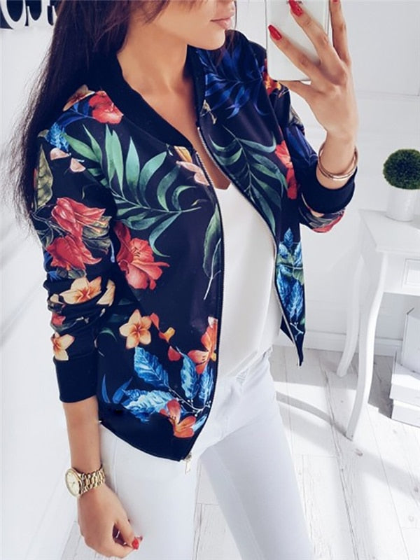 Women's Zip-Up Floral Print Bomber Coat