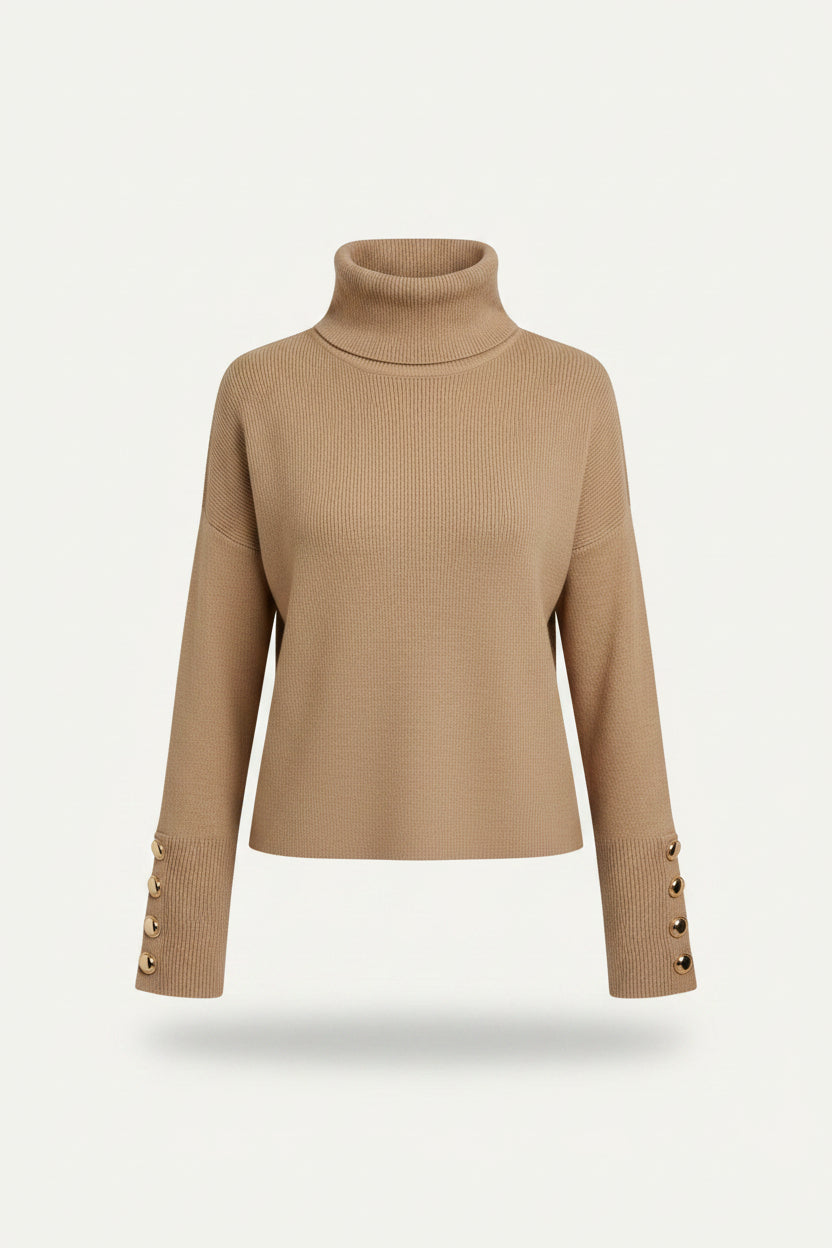 Women's Ribbed Turtleneck Pullover with Buttoned Sleeve Detail