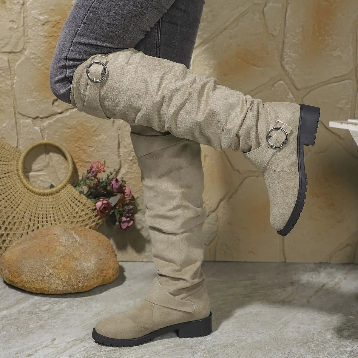 Women's Buckled Slouch Tall Boots with Steady Sole