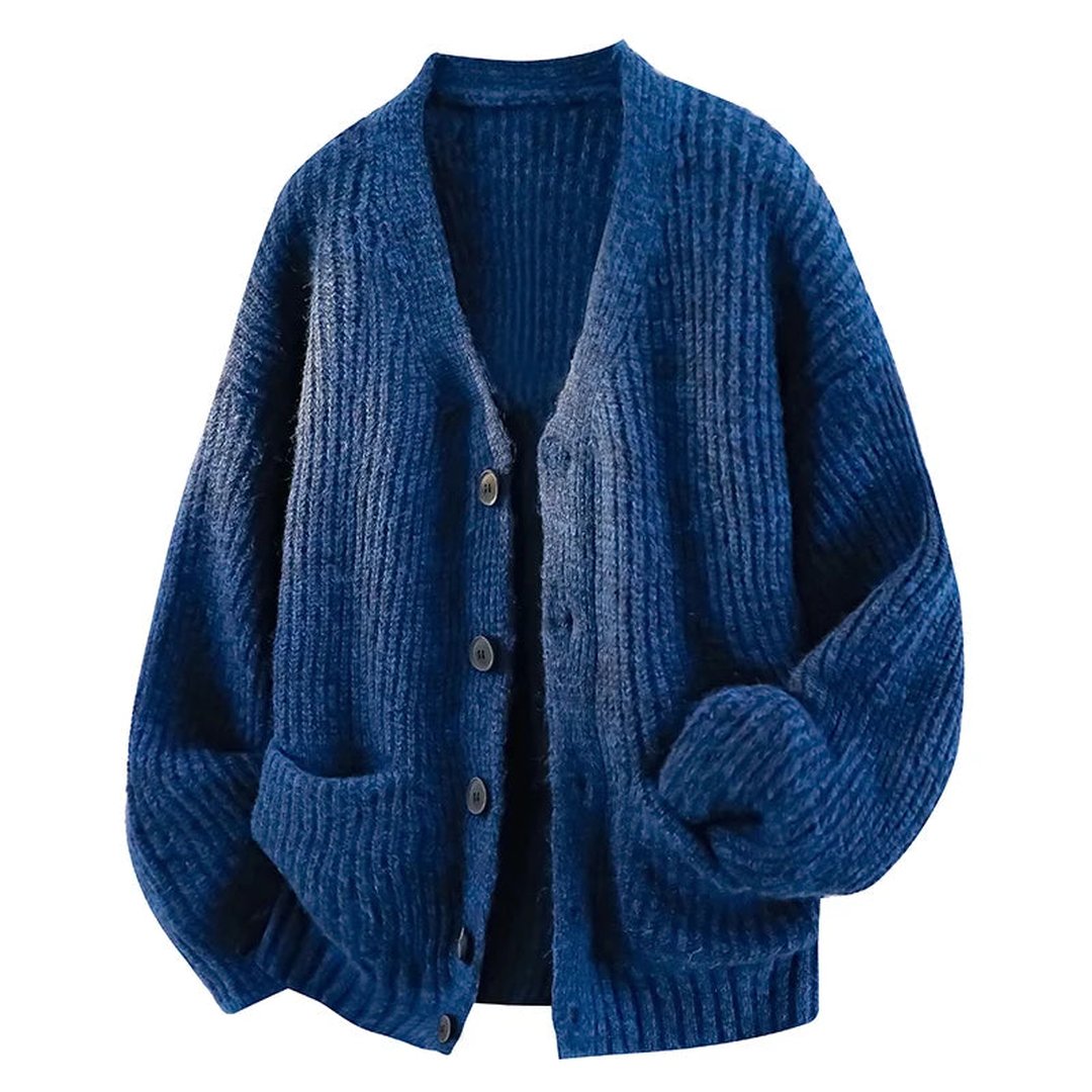 Men's Front Pocket Relaxed Draped V-Neck Button Cardigan Sweater