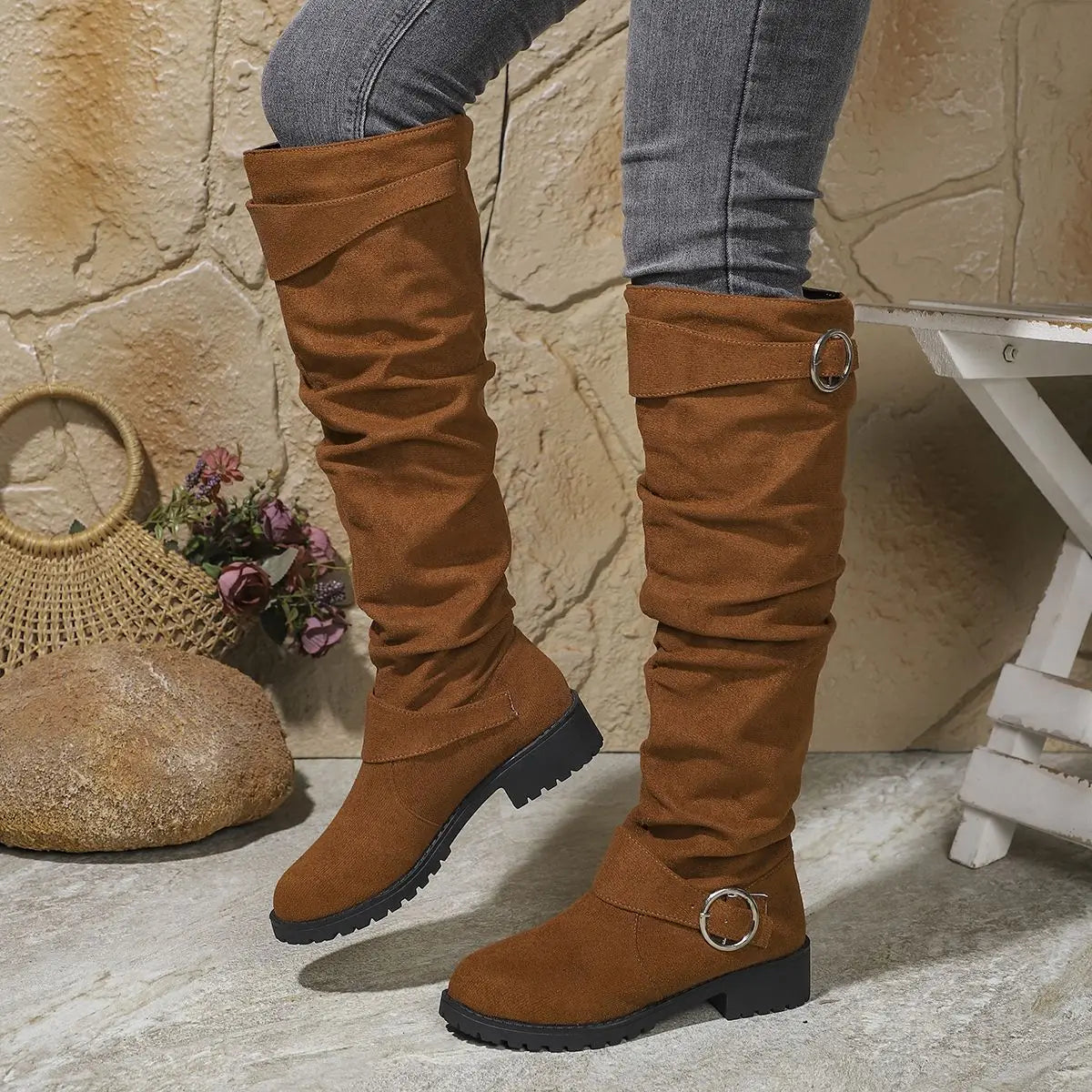 Women's Buckled Slouch Tall Boots with Steady Sole
