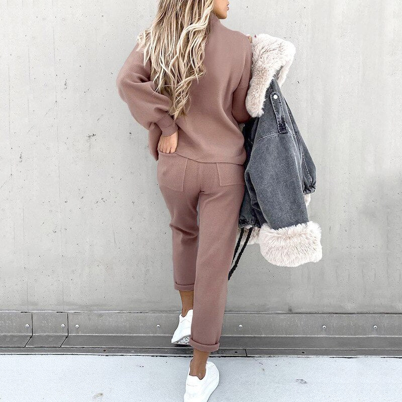 Women's Warm Winter Knit Pullover and Pants Set