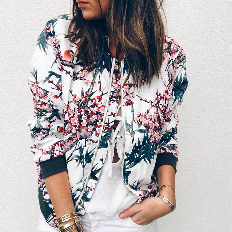 Women's Zip-Up Floral Print Bomber Coat