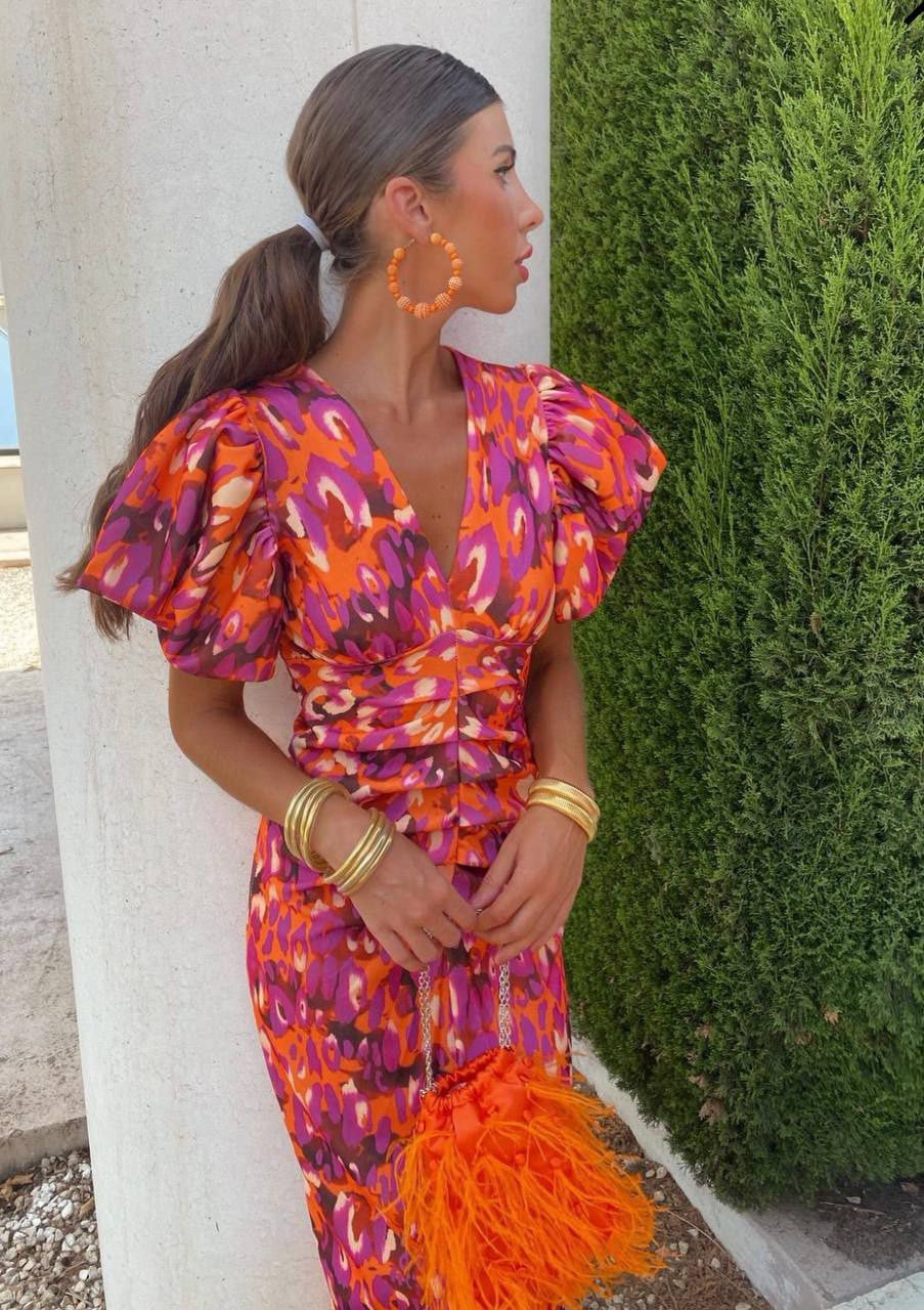 Women's Bold Print Puffed Sleeve Summer Midi Dress