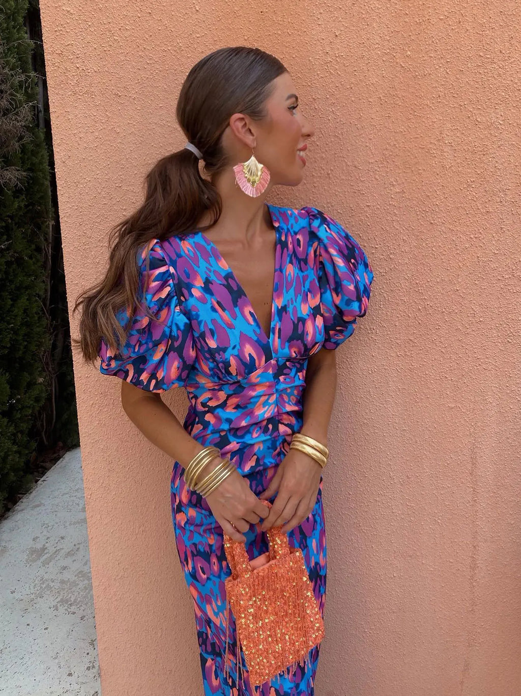 Women's Bold Print Puffed Sleeve Summer Midi Dress