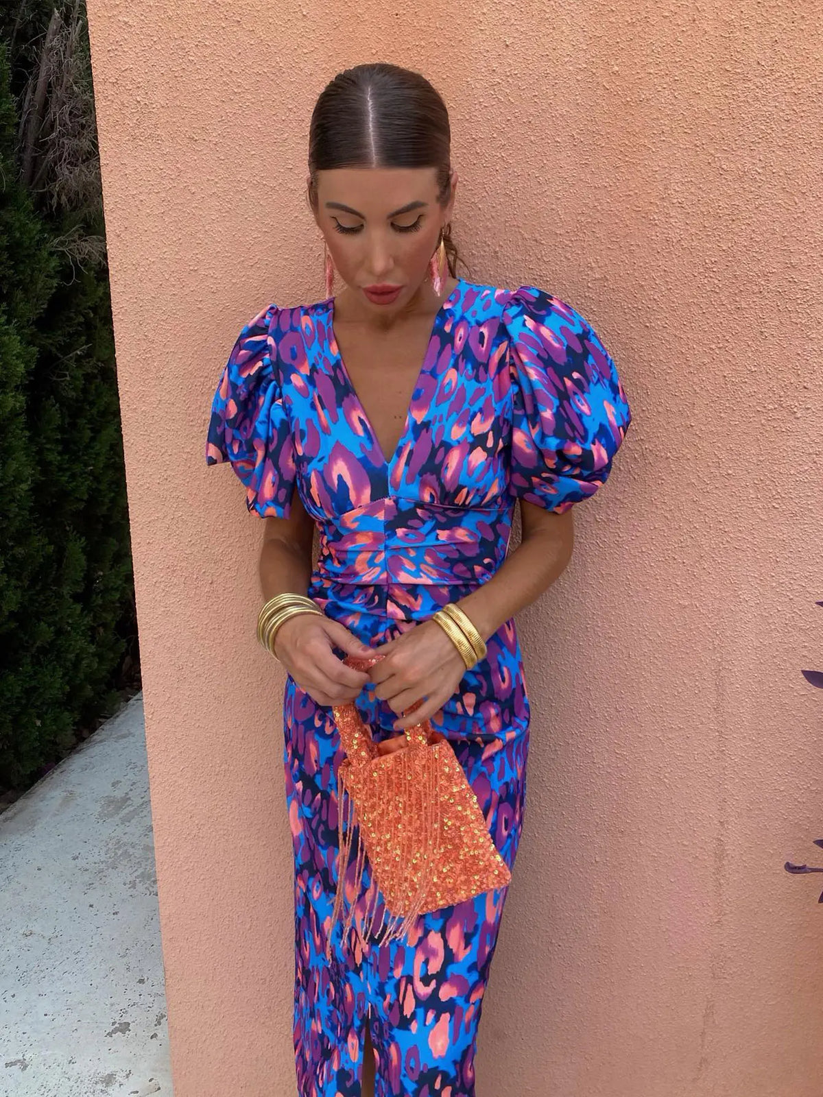Women's Bold Print Puffed Sleeve Summer Midi Dress