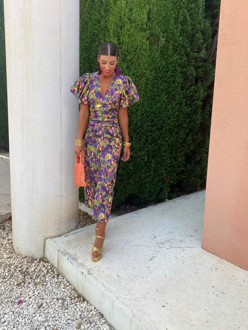 Women's Bold Print Puffed Sleeve Summer Midi Dress