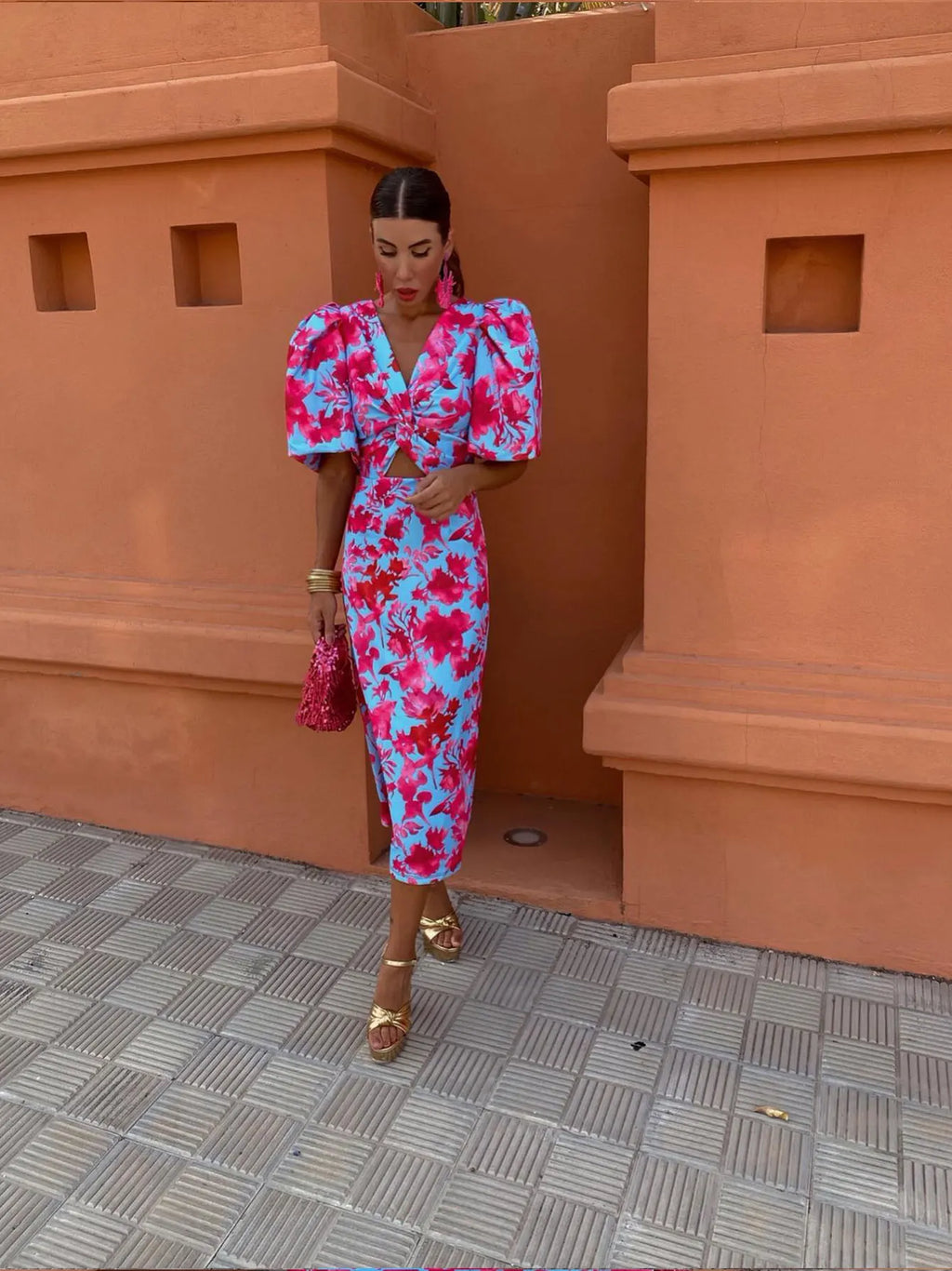 Women's Bold Print Puffed Sleeve Summer Midi Dress