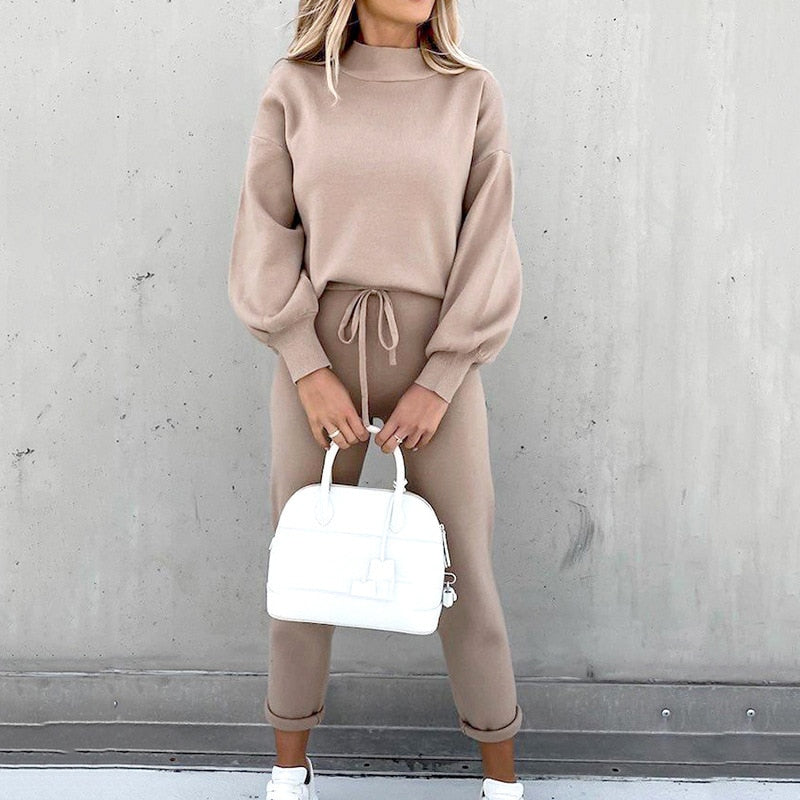 Women's Warm Winter Knit Pullover and Pants Set