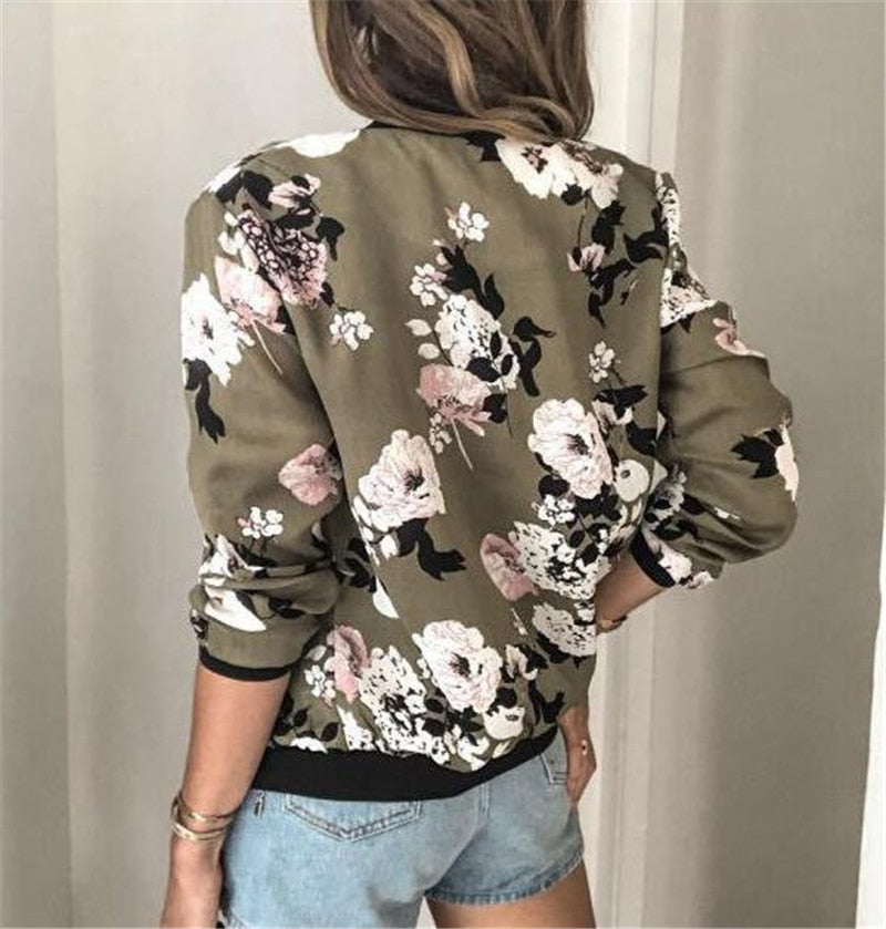 Women's Zip-Up Floral Print Bomber Coat