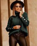 Women's Ribbed Turtleneck Pullover with Buttoned Sleeve Detail