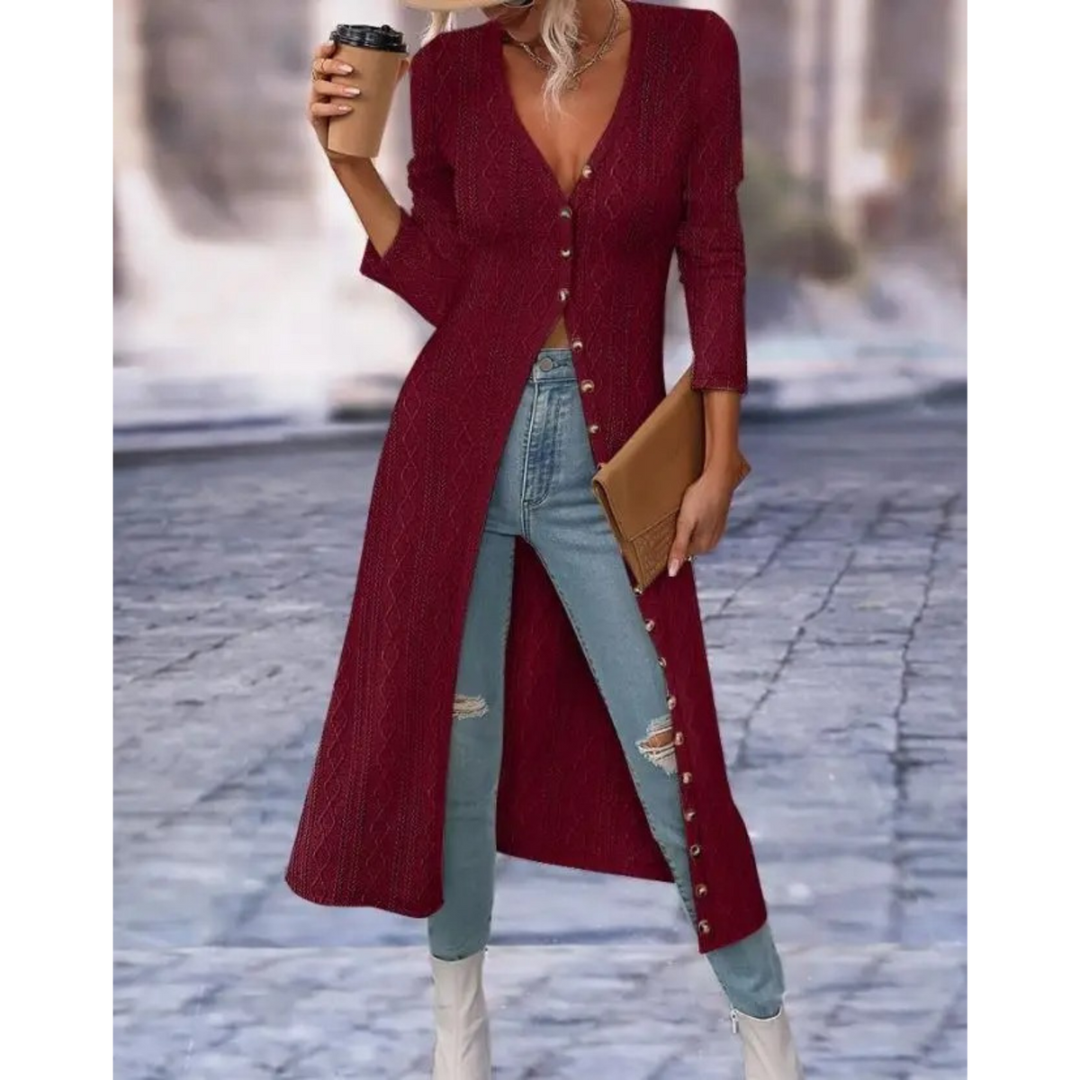 Women's V-Neck Longline Lightweight Button Jacket
