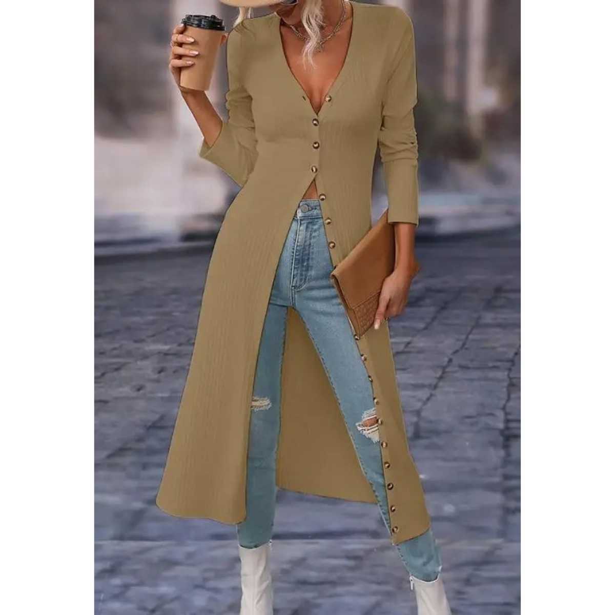 Women's V-Neck Longline Lightweight Button Jacket