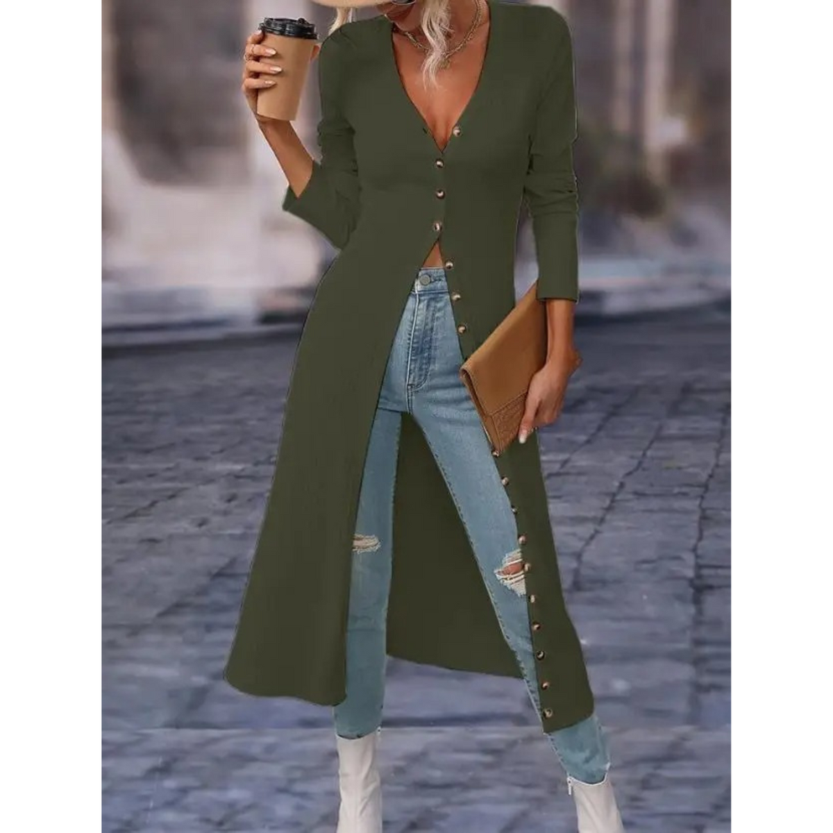 Women's V-Neck Longline Lightweight Button Jacket