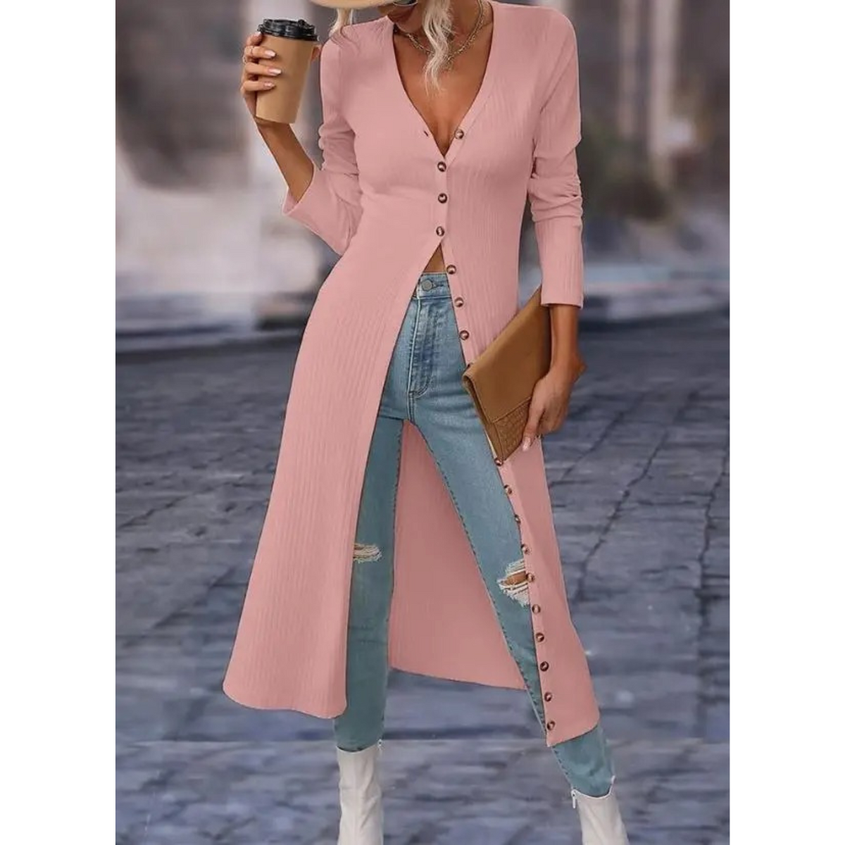 Women's V-Neck Longline Lightweight Button Jacket
