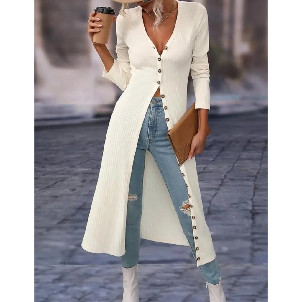 Women's V-Neck Longline Lightweight Button Jacket