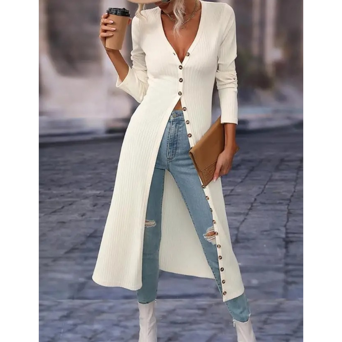 Women's V-Neck Longline Lightweight Button Jacket