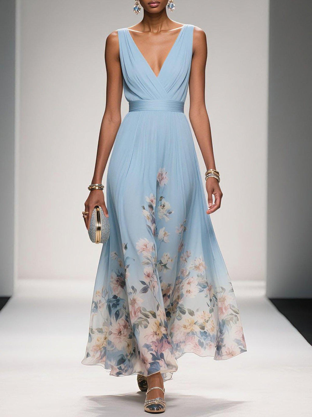 Women's Floral Hem Deep V Wedding Guest Maxi Dress