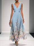 Women's Floral Hem Deep V Wedding Guest Maxi Dress