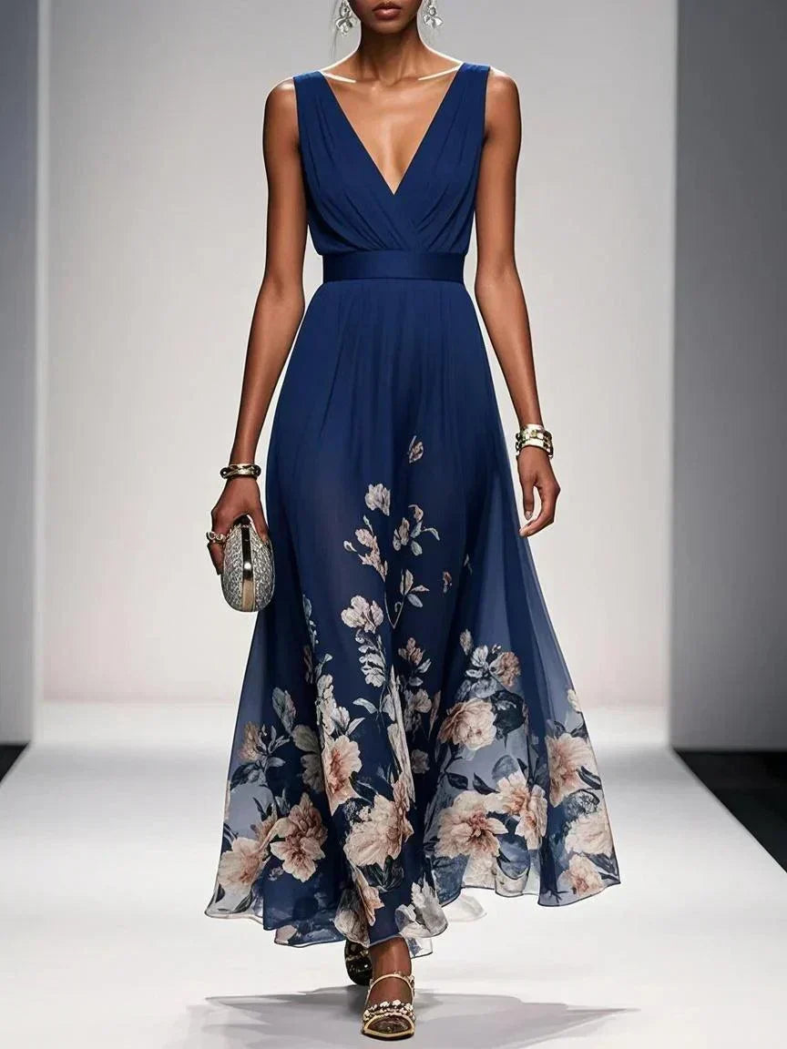 Women's Floral Hem Deep V Wedding Guest Maxi Dress