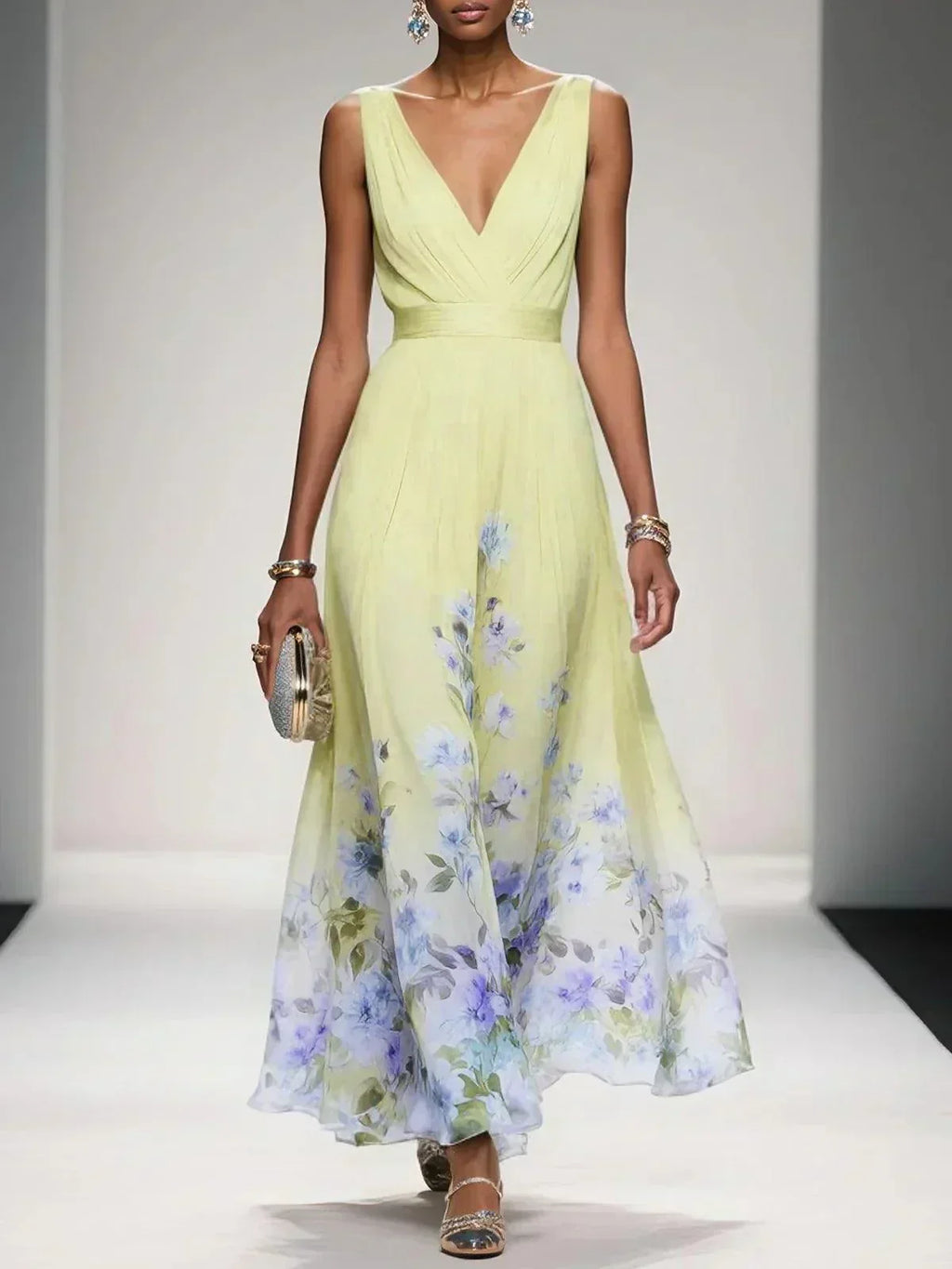 Women's Floral Hem Deep V Wedding Guest Maxi Dress