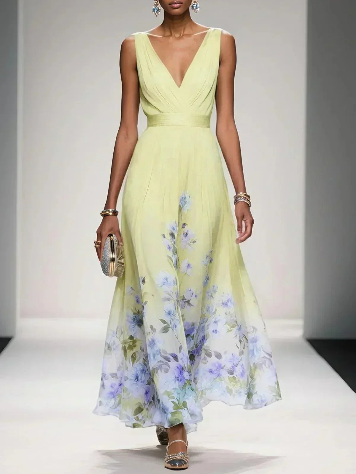 Women's Floral Hem Deep V Wedding Guest Maxi Dress
