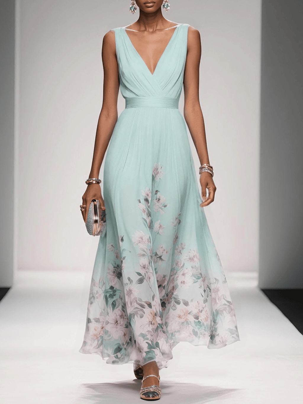 Women's Floral Hem Deep V Wedding Guest Maxi Dress