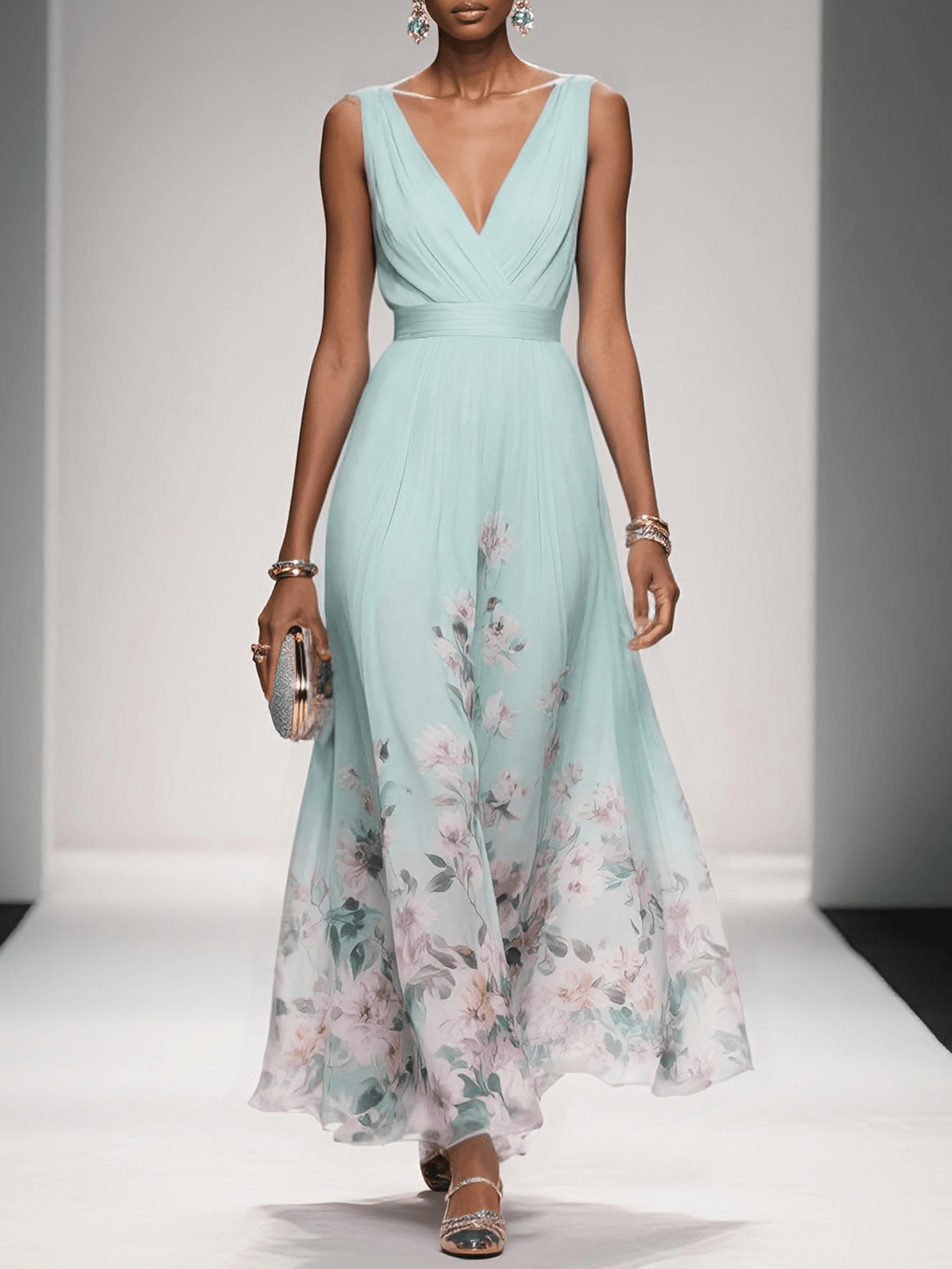 Women's Floral Hem Deep V Wedding Guest Maxi Dress