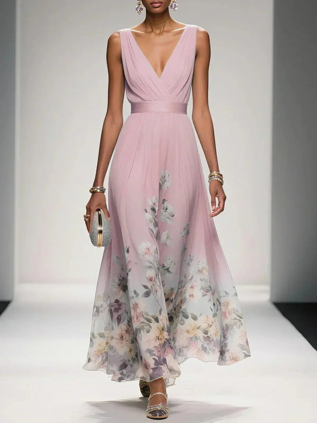 Women's Floral Hem Deep V Wedding Guest Maxi Dress