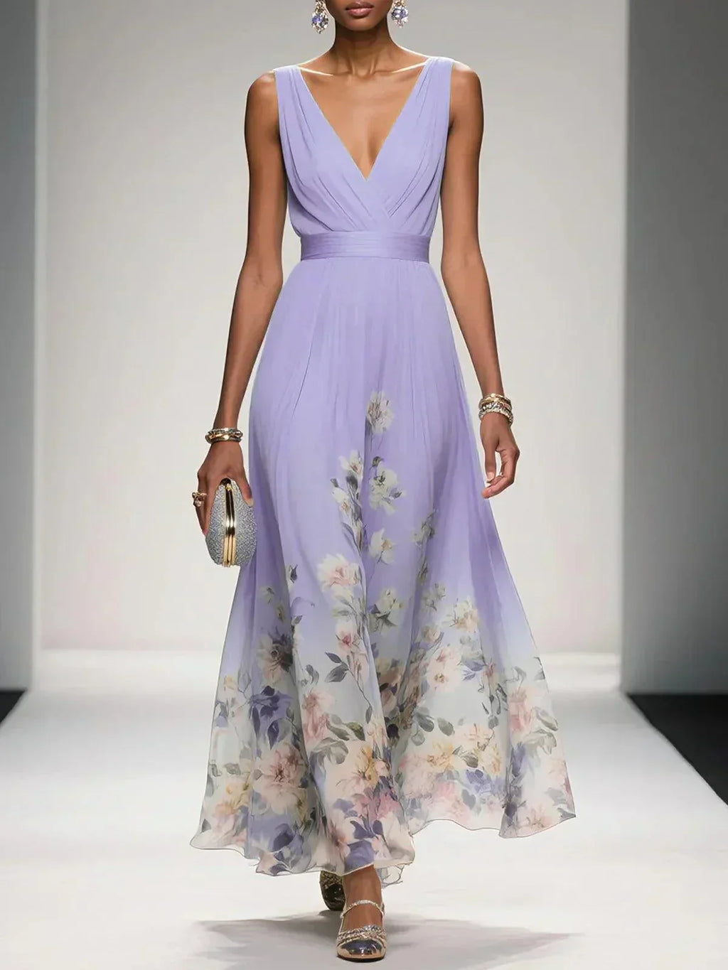 Women's Floral Hem Deep V Wedding Guest Maxi Dress