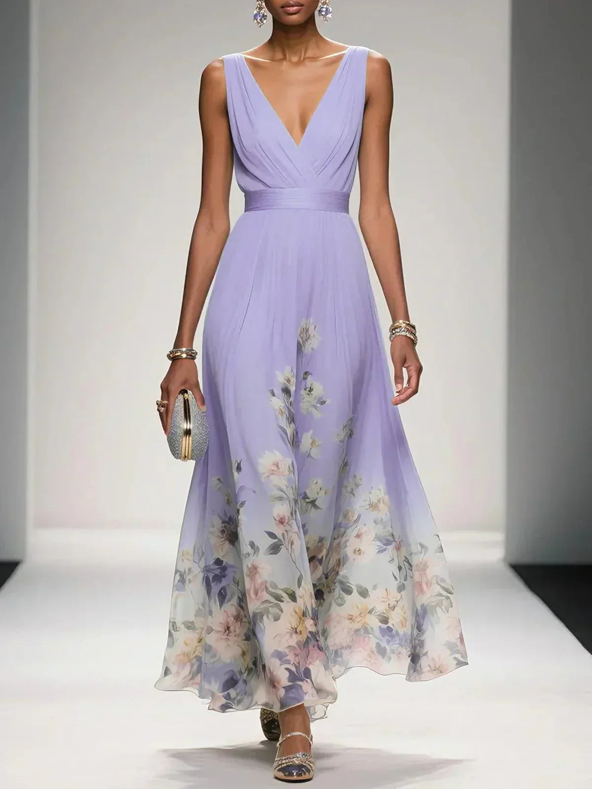 Women's Floral Hem Deep V Wedding Guest Maxi Dress