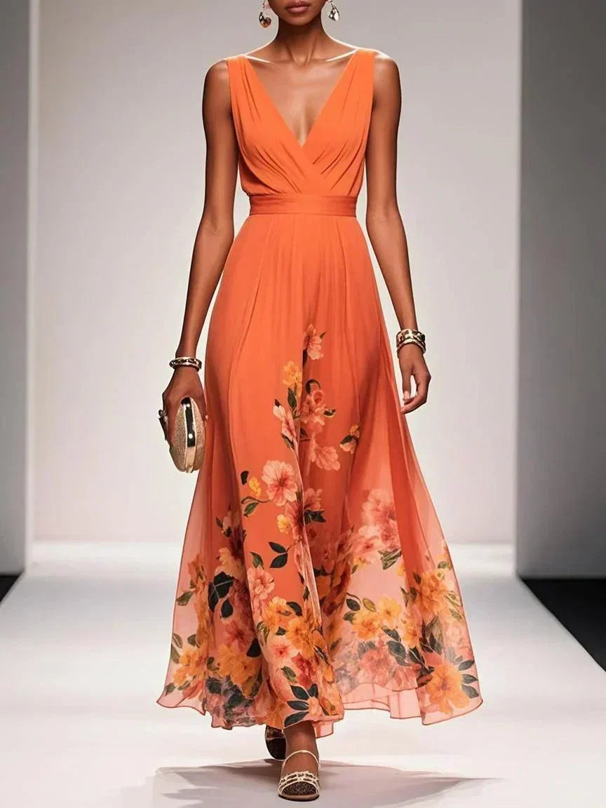 Women's Floral Hem Deep V Wedding Guest Maxi Dress