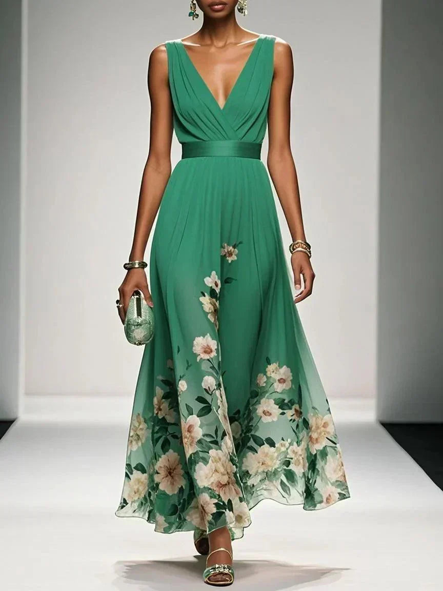 Women's Floral Hem Deep V Wedding Guest Maxi Dress
