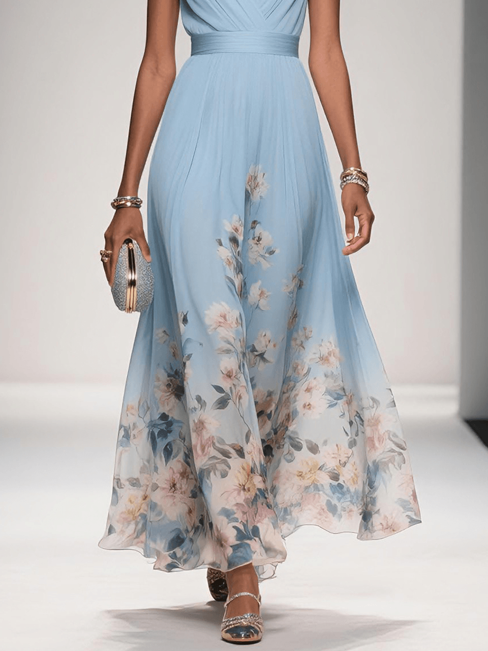 Women's Floral Hem Deep V Wedding Guest Maxi Dress