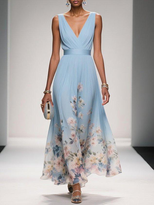 Women's Floral Hem Deep V Wedding Guest Maxi Dress