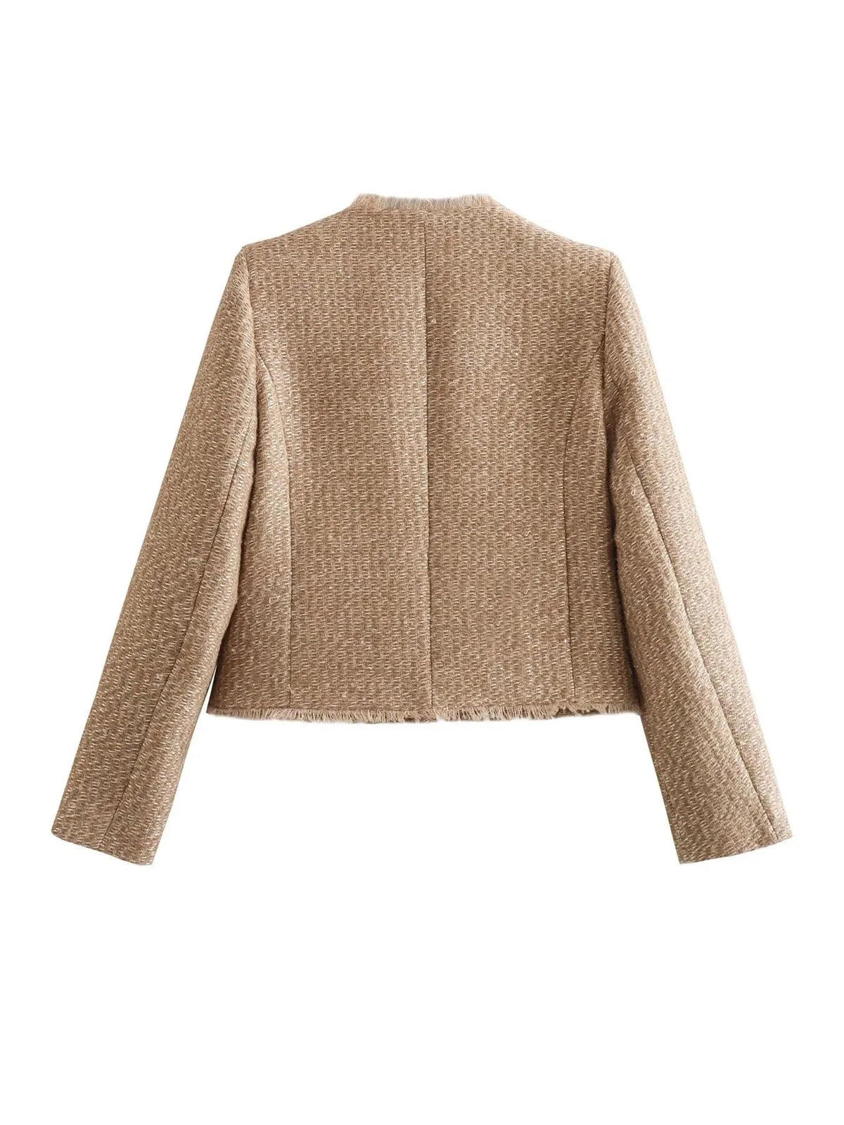 Women's Four-Pocket Cropped Tweed Collarless Coat