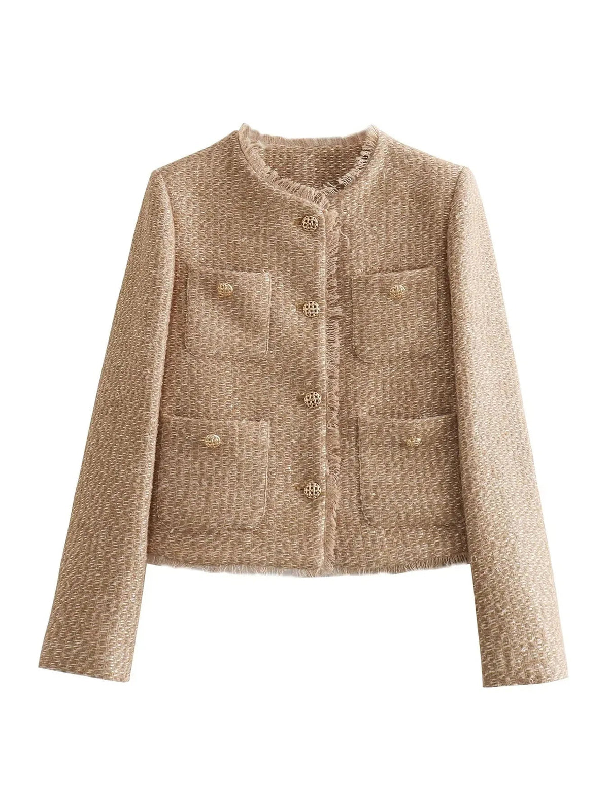 Women's Four-Pocket Cropped Tweed Collarless Coat